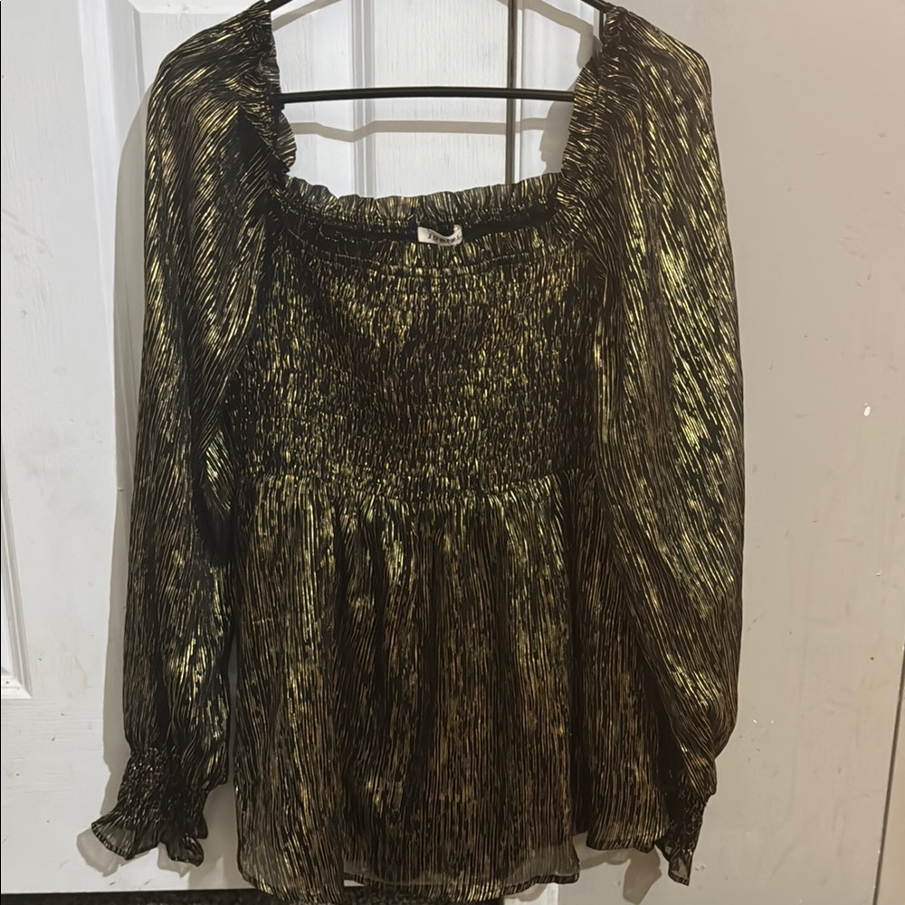 JODIFL Gold and Black Smocked Ruffled Blouse